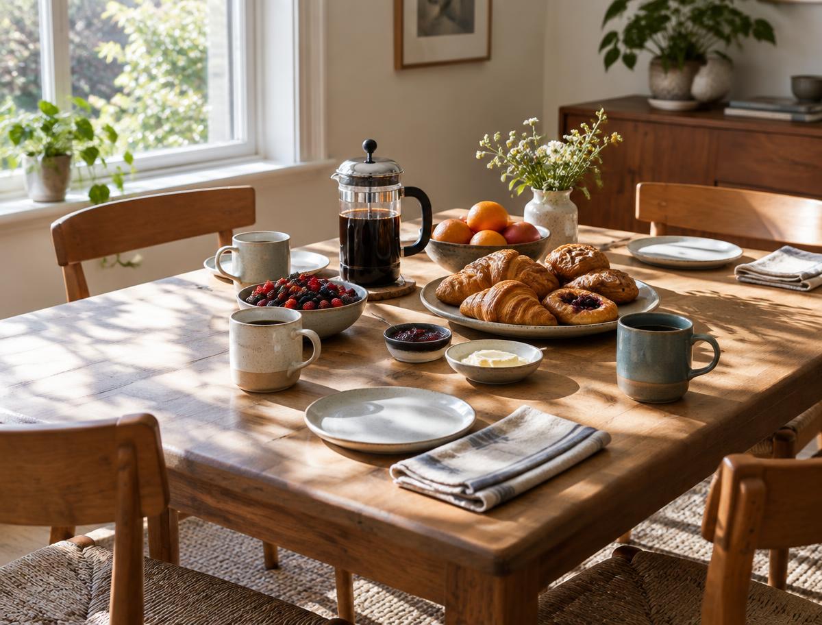 A breakfast table ready for guests